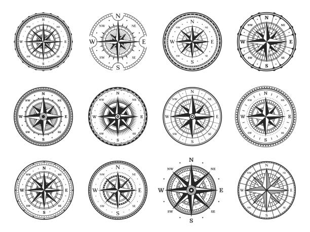 illustrations, cliparts, dessins animés et icônes de boussole ancienne, rose des vents vintage, navigation maritime - compass coordination south north