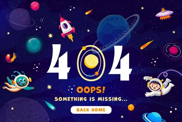 Vector illustration of 404 page, space landscape with astronauts, galaxy