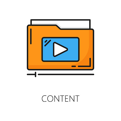 Content. CDN. Content delivery network icon, web media data administration and publishing system sign, website CDN upload and update service thin line vector pictogram or icon with media file folder