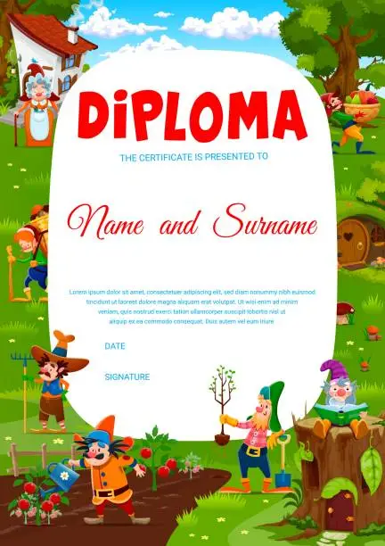 Vector illustration of Kids diploma with cartoon fairytale funny gnomes