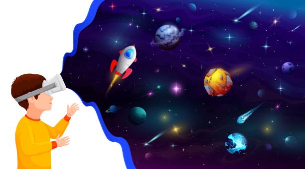 istock Boy kid in VR helmet dream of galaxy space flight 1903362790