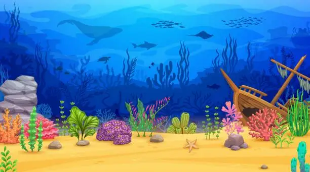 Vector illustration of Cartoon sunken ship, animals, underwater landscape
