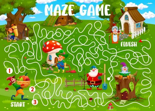 Vector illustration of Kids labyrinth maze with gnomes fairytale village