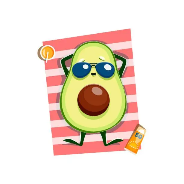 Vector illustration of Cartoon kawaii avocado character on summer beach