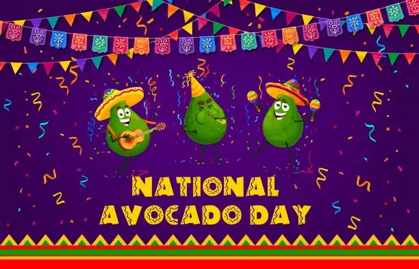 Vector illustration of Avocado Day banner. Fruits characters on party