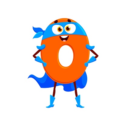 Cartoon math number null zero superhero character. Isolated vector school numeral 0 vigilante personage featuring playful smiling face and bright orange color, perfect for children educational games