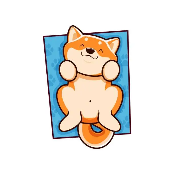 Vector illustration of Cartoon kawaii pet shiba inu dog lounges on mat