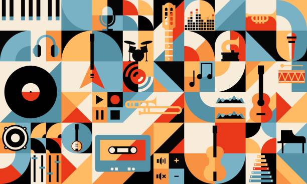Abstract retro music geometric bauhaus pattern Abstract retro music geometric bauhaus pattern. Jazz music festival or concert live show vector wallpaper background or print with electric and acoustic guitar, vinyl record disc and piano, sound wave abstract musical instrument stock illustrations