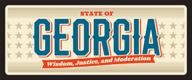 Georgia vintage travel plate, retro signboard, touristic landmark plaque. Vector sign for travel destination. Retro board with wisdom, justice, moderation lettering, antique signboard