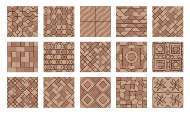 Brown pavement top view pattern street cobblestone Brown pavement top view patterns, street cobblestone and garden sidewalk tiles, seamless vector. Stone bricks pavement patterns of terracotta tiles with mosaic cubic and geometric floral pattern brick-patio stock illustrations