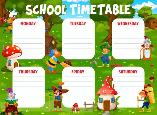 Vector illustration of Timetable with cartoon gnome characters at village