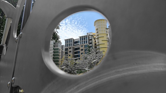 A shot of a residential block from a playground