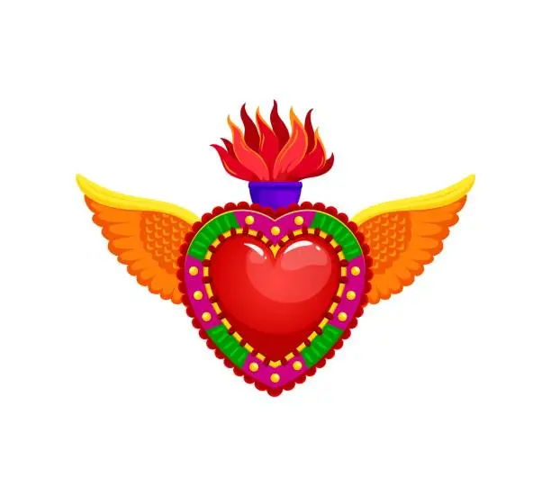 Vector illustration of Mexican sacred heart with burning flames and wings