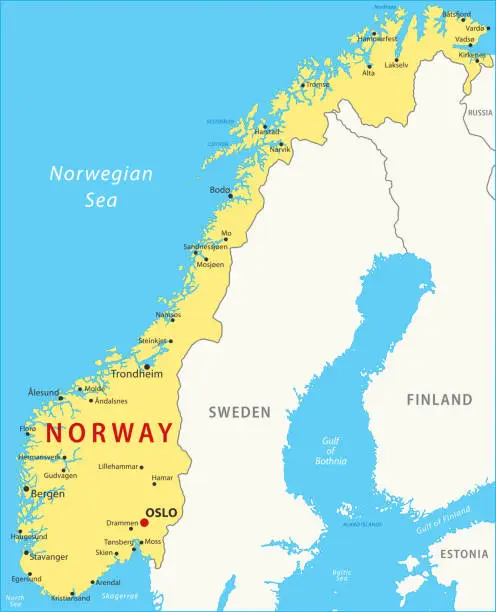 Vector illustration of Norway Map. Vector colored map of Norway