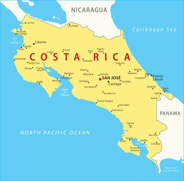 Vector illustration of Costa Rica Map. Vector colored map of Costa Rica