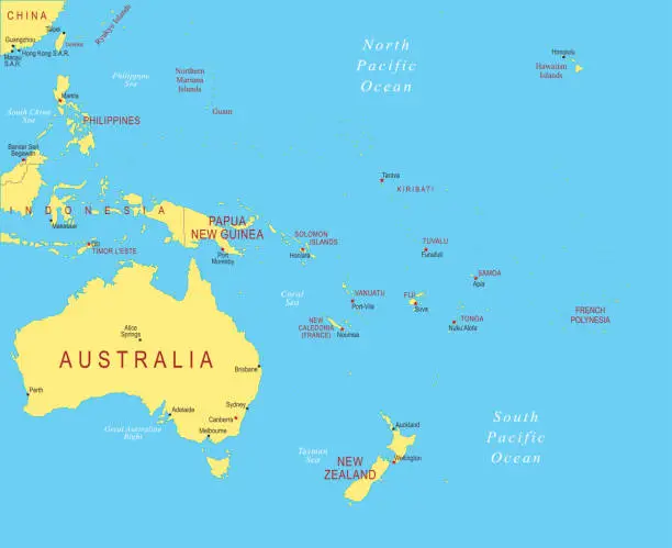 Vector illustration of Australia and Oceania Map. Vector colored map of Oceania