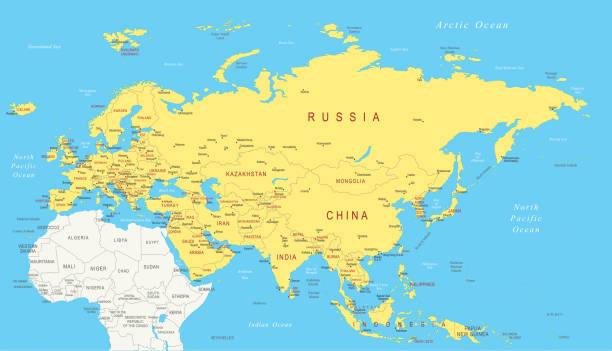 карта евразии. векторная цветная карта евразии - азия stock illustrations