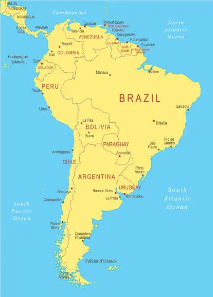 Vector illustration of South America Map. Vector colored map of South America