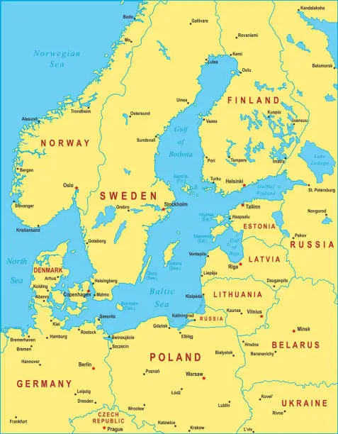 Vector illustration of Baltic Region Map. Vector colored map of Baltic Countries