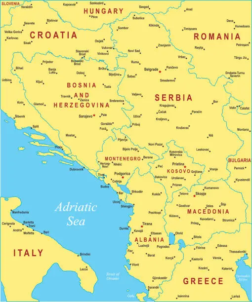 Vector illustration of Balkan Region Map. Vector colored map of Balkans