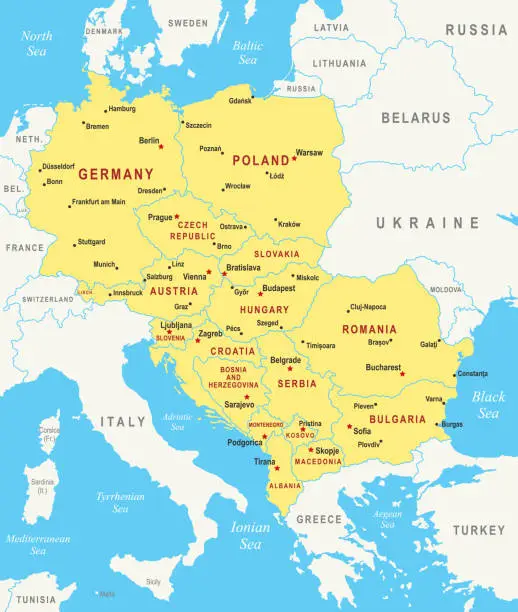 Vector illustration of Central Europe Map. Vector colored map of Central Europe