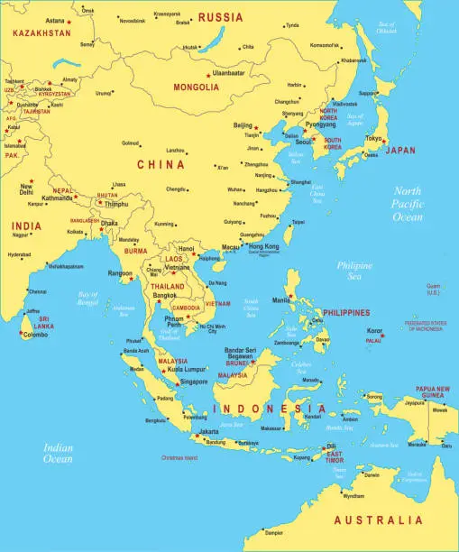 Vector illustration of South East Asia Map. Vector colored map of South East Asia