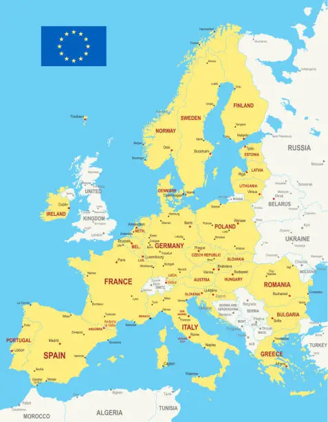 Vector illustration of European Union Map. Vector colored map of European Union