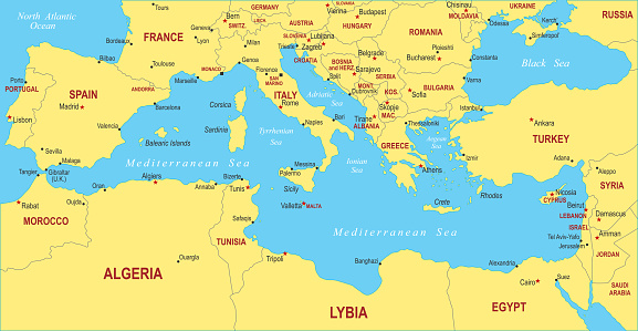 Mediterranean Sea Region Map. Vector colored map of Mediterranean Sea Region