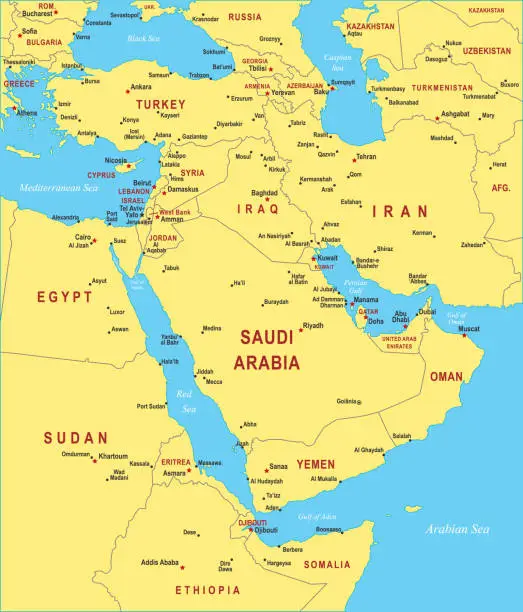 Vector illustration of Middle East Map. Vector colored map of Middle East