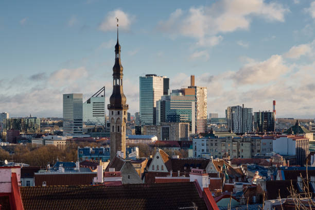 Beautiful cityscape of old town of Tallinn. Panoramic view from the observation deck in Tallinn city, Estonia. stock photo