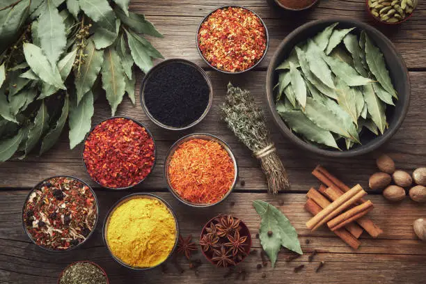 Photo of Bowls of various spices - red hot pepper, paprika, saffron, black seeds, nutmegs, cardamom, thyme, anise, gloves, curcuma, cinnamon, laurel. Different seasoning. Ayurveda remedies. Top view, flat lay.