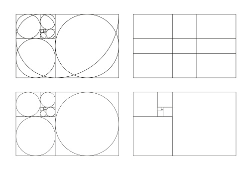 Golden ratio frames set. Method golden sections. Harmony proportions templates. Fibonacci array, numbers. Golden proportion. Outline vector illustration. Eps.