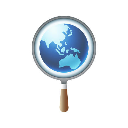 Vector illustration of planet Earth with a magnifying glass searching. Cut out design element on a transparent background on the vector file.