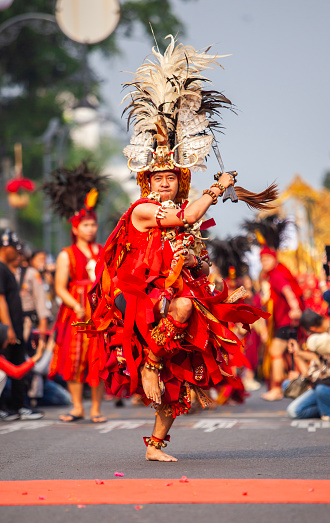 Kabasaran dance performance at the Asia Africa Carnival in Bandung City. Kabasaran Dance is a traditional war dance from Minahasa, North Sulawesi, Indonesia.