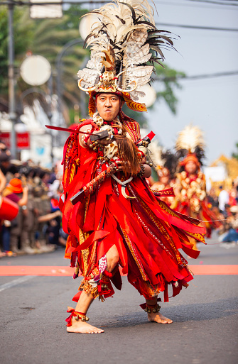 Kabasaran dance performance at the Asia Africa Carnival in Bandung City. Kabasaran Dance is a traditional war dance from Minahasa, North Sulawesi, Indonesia.