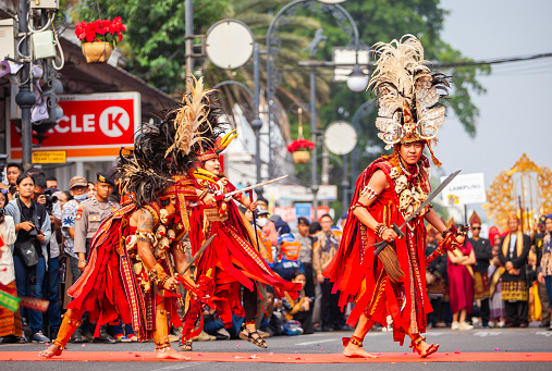 Kabasaran dance performance at the Asia Africa Carnival in Bandung City. Kabasaran Dance is a traditional war dance from Minahasa, North Sulawesi, Indonesia.