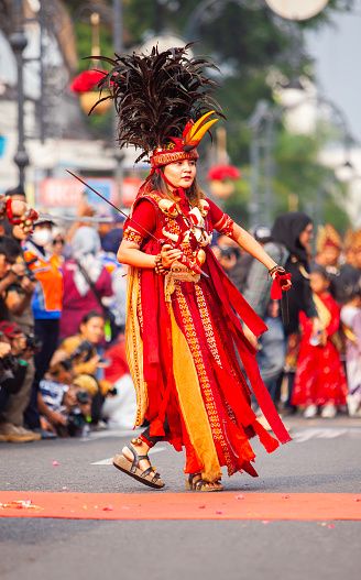 Kabasaran dance performance at the Asia Africa Carnival in Bandung City. Kabasaran Dance is a traditional war dance from Minahasa, North Sulawesi, Indonesia.