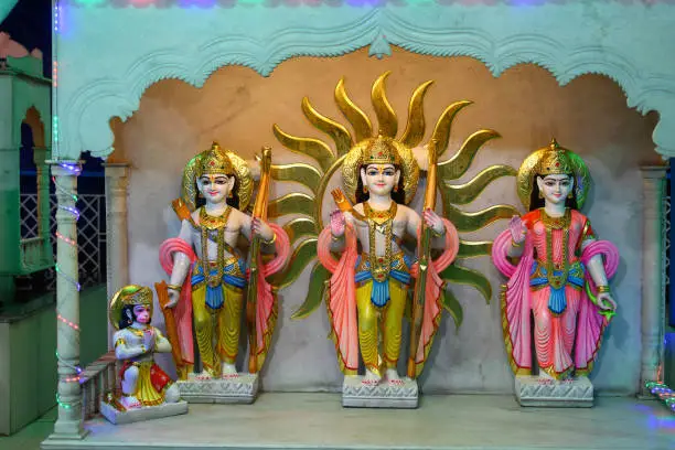 Idol of Goddess lord Rama, Lakshmana, Sita and Hanuman at a temple in Kolkata, West Bengal, India.