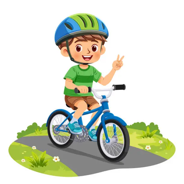 Vector illustration of Happy little boy wearing helmet riding bicycle and smiling cycling along the path in the park