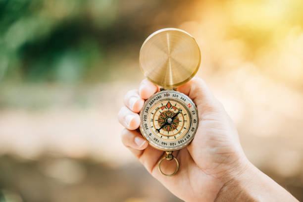 istock Discover your path in nature with a hand holding a compass amidst the green forest. This image offers copy space for text and embodies travel lifestyle and successful business management. 1903572359