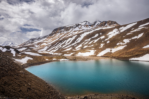 Suraj Taal Lake at 4890m, en route Manali to Leh, Himachal Pradesh. Usually the lake is frozen.