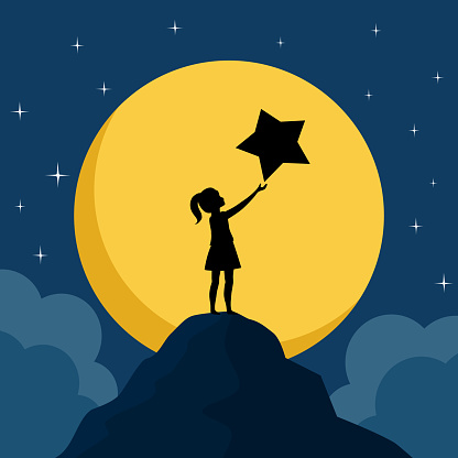 Silhouette girl child reaching star with moon on background.