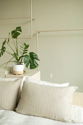 Aesthetic bedroom beside potted plant creates tranqil space in Vancouver, British Columbia, Canada