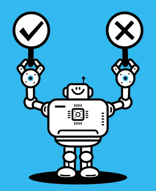 Vector illustration of An Artificial Intelligence Robot holding Right and Wrong Signs, true-false questions, and yes-no questions