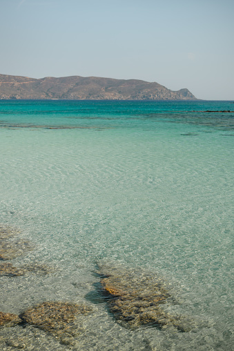 Turquoise waters at Elafonissi beach on the island of Crete in Kissamos, Greece