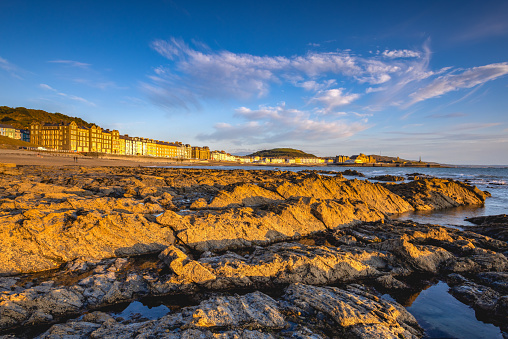 Outflow in Aberystwyth at sunset. It is a seaside resort with a in Aberystwyth, Wales, United Kingdom