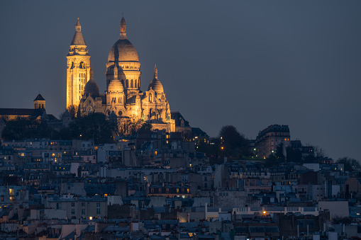 Evening view of Montmartre and Sacre Coeur in Paris, Île-de-France, France