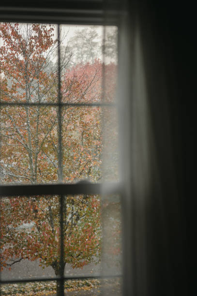istock View through a window of falling snow outside on an autumn background 1903605278
