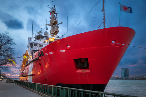 A Coast Guard icebreaker ship is shown moored in Windsor, Ontario.