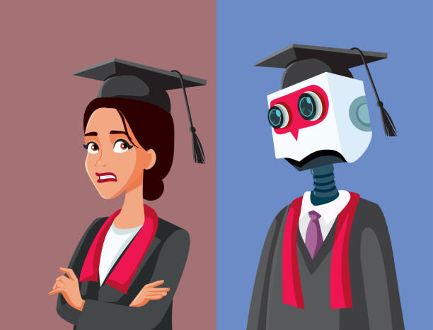 Human Student Versus Robot Intelligence Vector Concept Illustration Insecure girl graduating in a scary job market looking for a job sad girl graduation stock illustrations